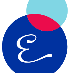 A white letter E in the style of the site logo with a blue background